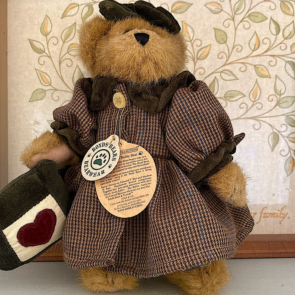 FINAL SALE!! Boyds Bear Plush "Bailey" w/Heart Pillow Plaid Dress Stuffed Animal